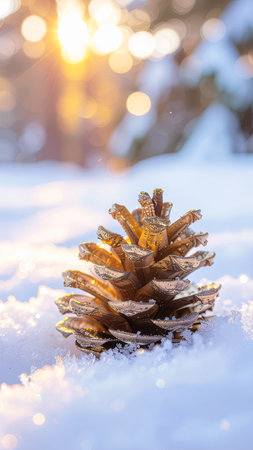 Christmas and New Year background. Golden pine cone in the snow.の素材
