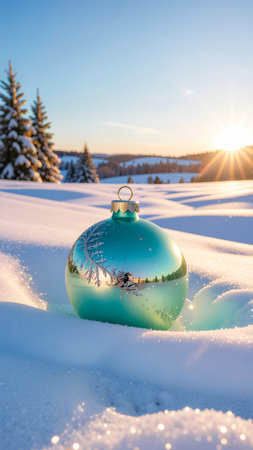 Christmas bauble in the snow against the background of the setting sunの素材