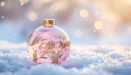 Christmas bauble on snow with bokeh background. 3D renderingの素材