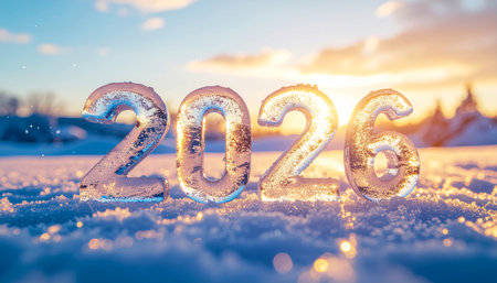 Happy New Year 2016. Number 2020 made of ice on the snow at sunset.の素材