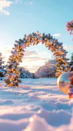 Christmas wreath with lights in the winter forest. Winter landscape.の素材