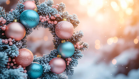 Christmas and New Year background with fir branches and christmas balls.の素材