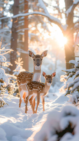 Fallow deer and fawn in the winter forest. Sunset.の素材