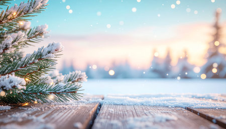 Christmas background with snowy fir tree and bokeh lights. Winter landscape.の素材