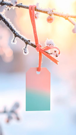 Blank price tag hanging on a tree branch covered with hoarfrostの素材