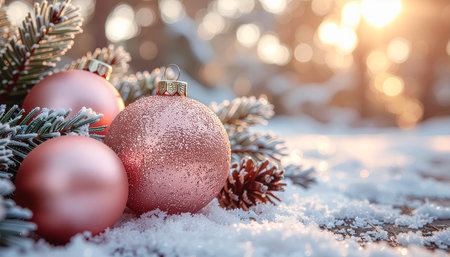 Christmas background with red balls and fir branches in snow on bokeh backgroundの素材
