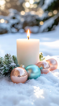 Christmas decoration with burning candle and baubles on snow in winter forestの素材