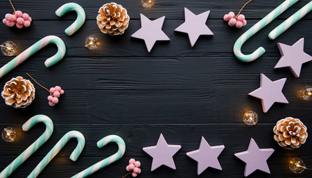 New Year composition. Christmas candies, cones, stars on black wooden background top-down frame copy spaceの素材
