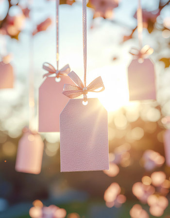 Blank paper tags hanging on a string against the backdrop of the setting sunの素材