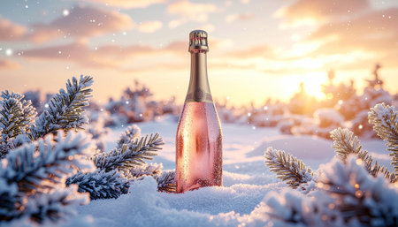 Bottle of champagne in the snow, Christmas and New Year backgroundの素材