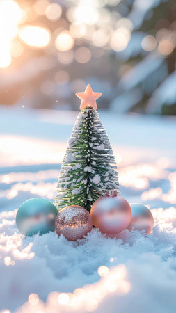 Christmas tree on snow with bokeh background. Christmas card.の素材