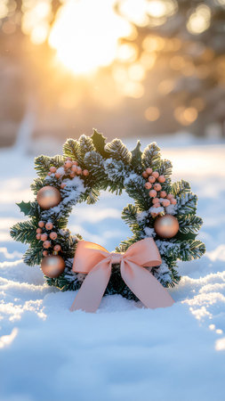Christmas wreath on snow with bokeh background and copy spaceの素材