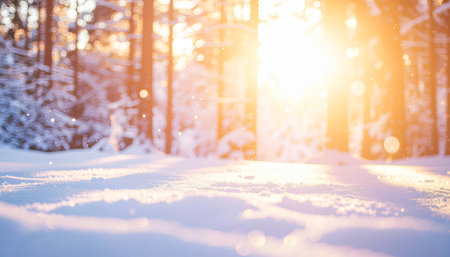 Beautiful winter forest with snow and sun rays. Winter landscape.の素材