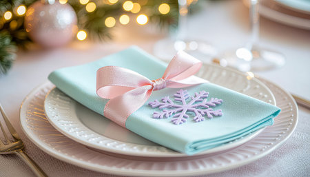 Christmas table setting with blue napkin and pink snowflake on itの素材