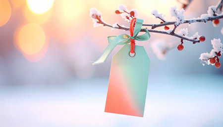 Blank gift tag hanging on a tree branch with snow and bokeh backgroundの素材