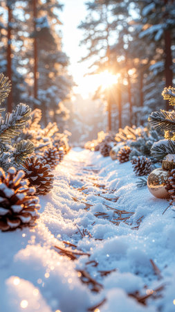 Beautiful winter landscape with snow covered fir trees and sun rays.の素材