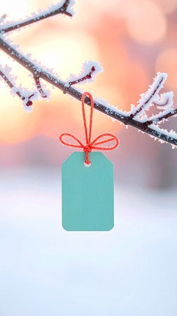 Blank price tag hanging on tree branch in winter forest with snowの素材