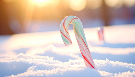 Christmas candy canes on snow in the sunlight. Christmas background.の素材