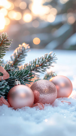Christmas decoration on snow with bokeh background. Christmas card.の素材
