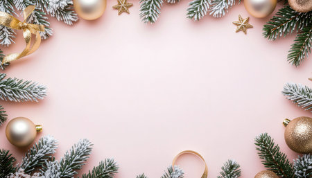 Christmas greeting card. Festive decoration on pastel pink background. New Year concept. Copy space.  Flat lay. Top view.の素材