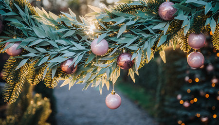 Christmas tree decorated with pink and golden baubles in the parkの素材