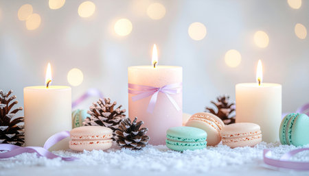 Christmas and New Year greeting card. Colorful macaroons, pine cones and burning candles on bokeh background. Copy space.の素材
