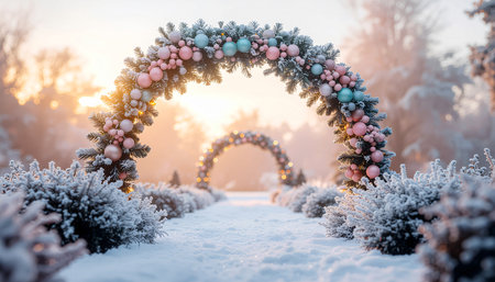 Beautiful winter landscape with a Christmas wreath on the background of the setting sunの素材