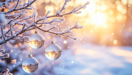 Christmas balls on a tree branch in the snow. Christmas background.の素材