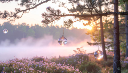 Sunrise in the misty forest with lighted christmas ballsの素材