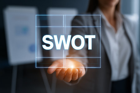 The concept of business, technology, the Internet and the network. A young entrepreneur working on a virtual screen of the future and sees the inscription:SWOTの素材