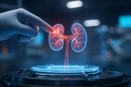 Human kidney anatomy hologram. 3d rendering toned image double exposureの素材