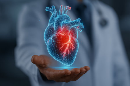 Close up of male doctor holding human heart on dark background 3D renderingの素材