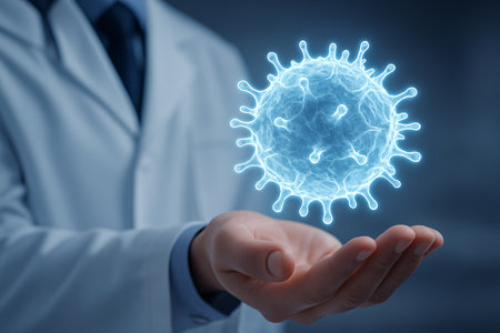 Covid-19 Coronavirus 2019-nCoV concept. Doctor hand holding coronavirus cells.の素材