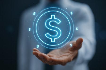 businessman hand with dollar sign on virtual screen over dark blue backgroundの素材