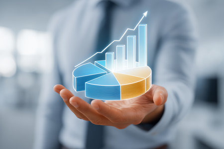 businessman with financial symbols coming from hand on blurred office interior backgroundの素材