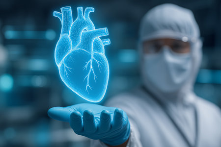 Doctor in protective suit holding a glowing human heart on a blue backgroundの素材