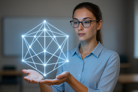 Young woman in glasses holding hologram with polygonal structure. Technology conceptの素材