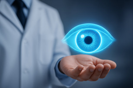 Eye icon in human hand, close-up. Medicine and healthcare conceptの素材