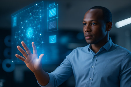 Serious african american businessman touching hologram screen in officeの素材