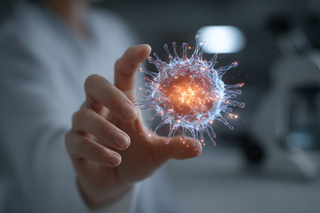 Woman hand touching glowing virus cell on virtual screen. 3d renderingの素材