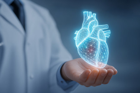 Doctor holding digital human heart in his hand. 3D Renderingの素材