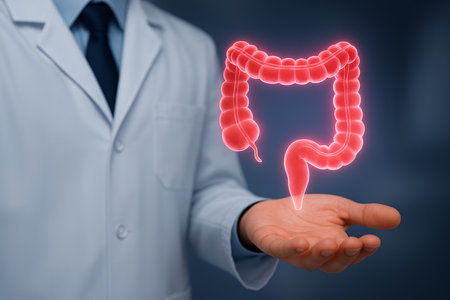 Male doctor holding a large intestine in his hand, 3D renderingの素材