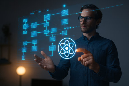 Businessman in smart casual wear working with virtual hologram of atomの素材