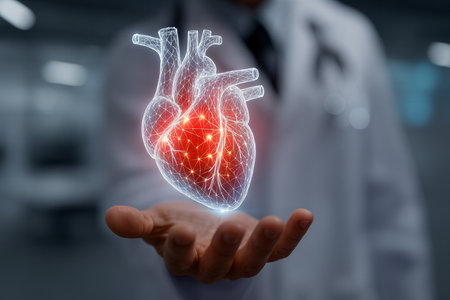 Close view of doctor holding human heart on blurred background 3D renderingの素材