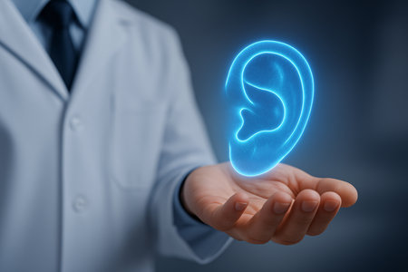 male doctor holding a hearing aid in his hand (3D rendering)の素材