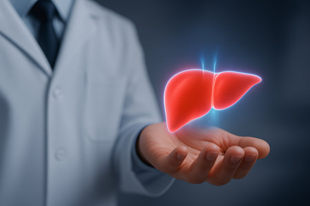 Human liver in the hand of a doctor. The concept of health care.の素材