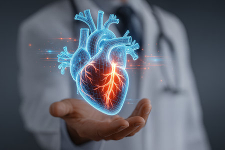 Close-up of male doctor holding human heart in his hand. 3D renderingの素材