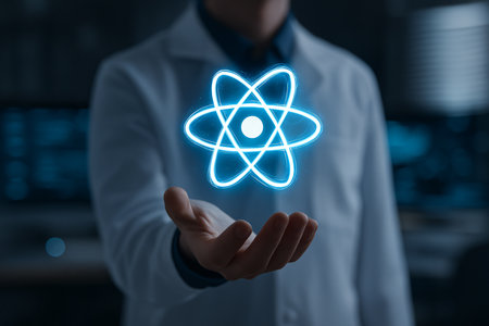 Science, chemistry, physics, mathematics, chemistry and people concept - close up of male scientist with atom icon over dark backgroundの素材