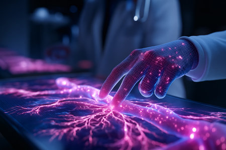 Hand of a doctor touching a tablet computer with an electrical discharge.の素材