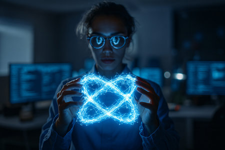 Young woman scientist working on computer at night. Science and technology concept.の素材